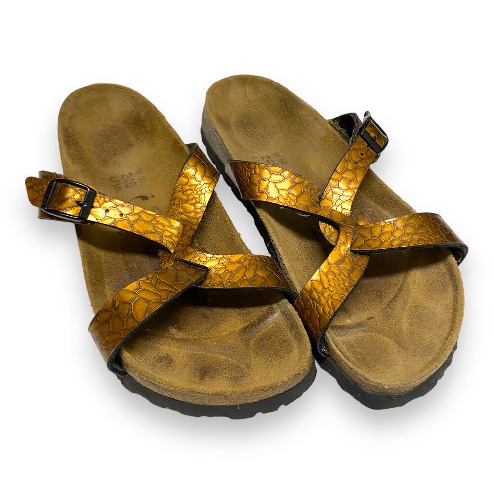 Birkenstock Birki's Sandals Sz 38‎ 7 5 Copper Bronze Snakeskin Print Shoes